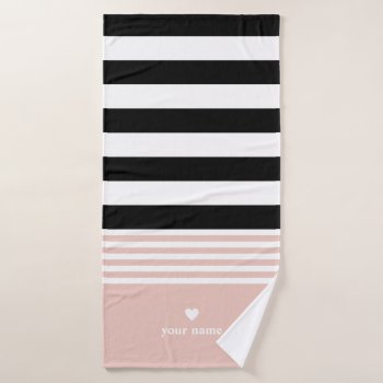 Black  White & Pink Striped Personalized Bath Towel Set by StripyStripes at Zazzle