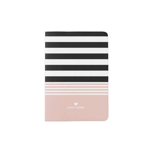 Black, White & Pink Striped Personalized Passport Holder (Front)