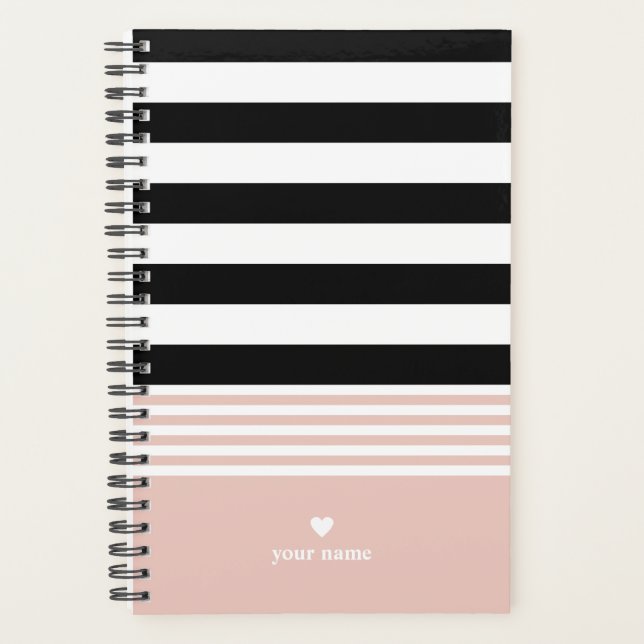 Black, White & Pink Striped Personalized Planner (Front)