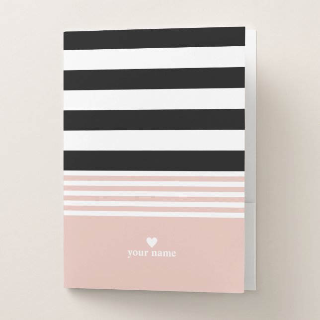 Black, White & Pink Striped Personalized Pocket Folder (Front)