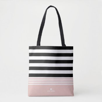 Black  White & Pink Striped Personalized Tote Bag by StripyStripes at Zazzle