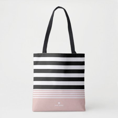 Black, White & Pink Striped Personalized Tote Bag