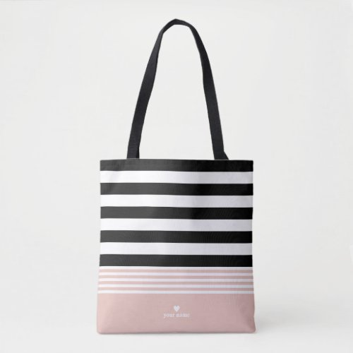 Black White  Pink Striped Personalized Tote Bag