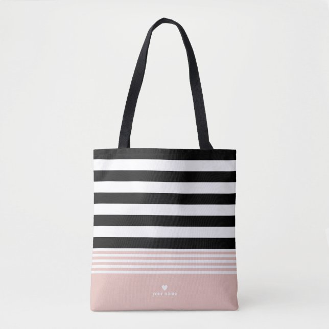 Black, White & Pink Striped Personalized Tote Bag (Front)