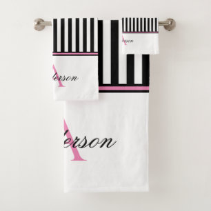 Black White Pink Stripes Monogram   Bath Towel Set