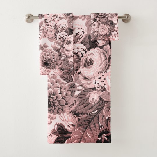 Black White Pink Tone Peony Vintage Floral Toile Bath Towel Set