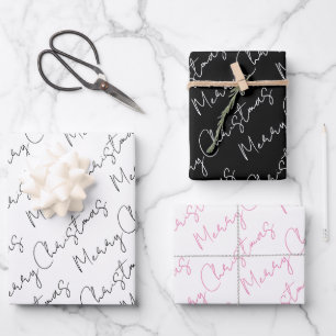 Black, white, pink typography Christmas holiday Wrapping Paper Sheets