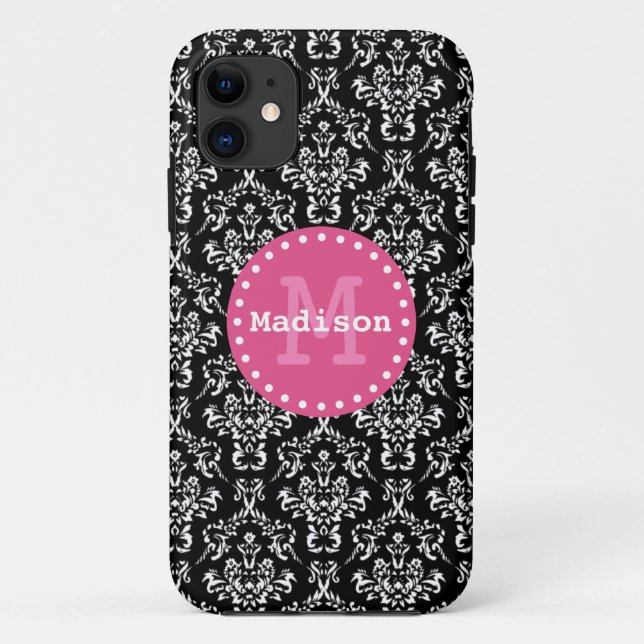 Black White Pink Victorian Damask Monogram Case-Mate iPhone Case (Back)