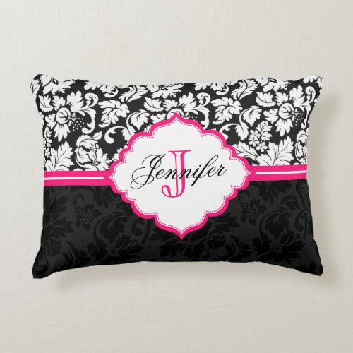 Black White  Pink Vintage Floral Damasks Accent Pillow