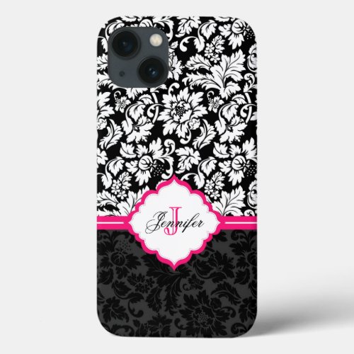 Black White  Pink Vintage Floral Damasks iPhone 13 Case