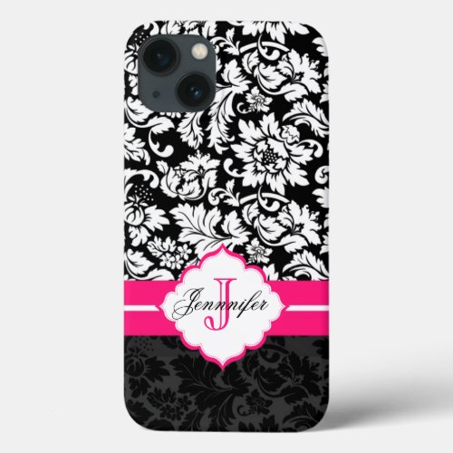 Black White  Pink Vintage Floral Damasks iPhone 13 Case