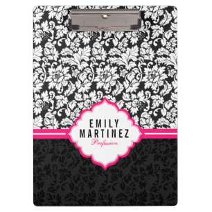 Black White & Pink Vintage Floral Damasks Clipboard