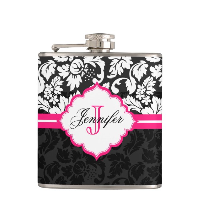 Black White & Pink Vintage Floral Damasks Flask (Front)