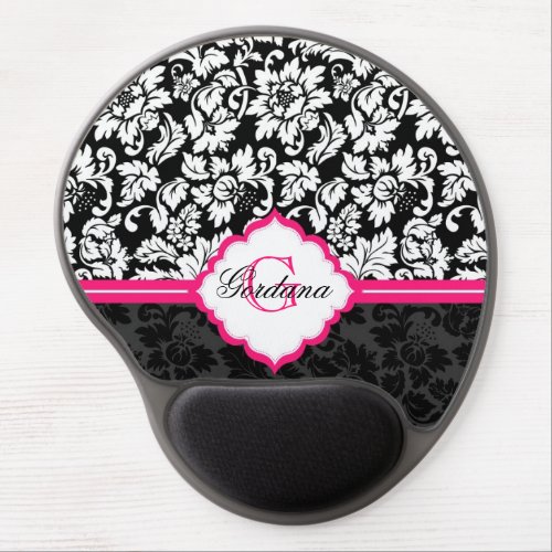 Black White  Pink Vintage Floral Damasks Gel Mouse Pad