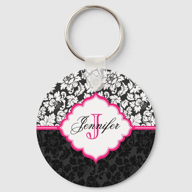 Black White & Pink Vintage Floral Damasks Keychain (Front)
