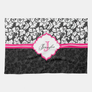 Black White & Pink Vintage Floral Damasks Kitchen Towel