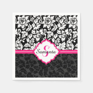 Black White & Pink Vintage Floral Damasks Paper Napkins
