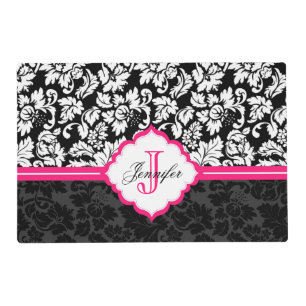 Black White & Pink Vintage Floral Damasks Placemat