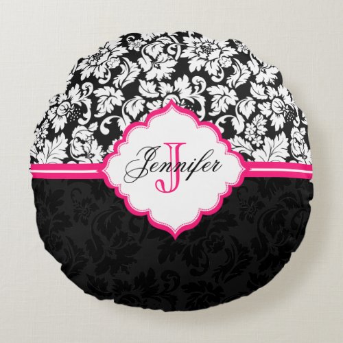 Black White  Pink Vintage Floral Damasks Round Pillow