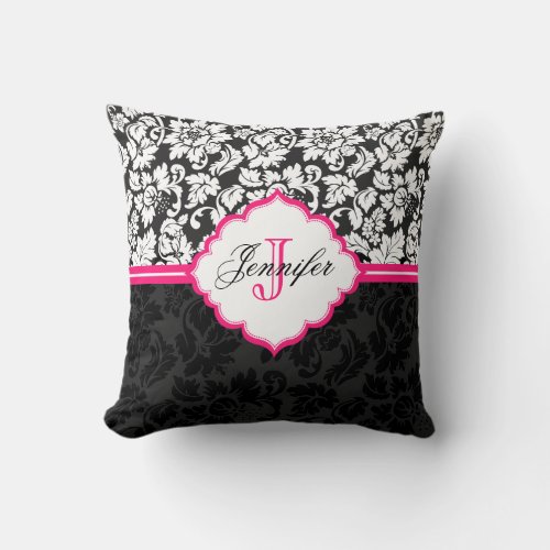 Black White  Pink Vintage Floral Damasks Throw Pillow