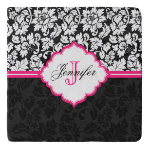 Black White & Pink Vintage Floral Damasks Trivet