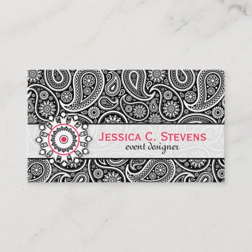 Black White  Pink Vintage Paisley Pattern Business Card