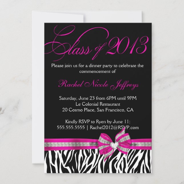 Black White Pink Zebra Graduation Invitation (Front)