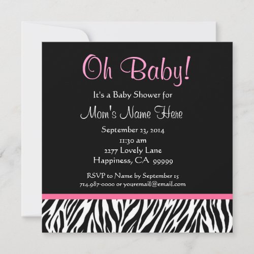 Black White Pink Zebra Print Baby Shower Personalized Invitation