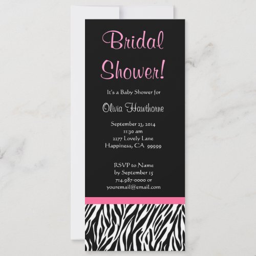 Black White Pink Zebra Print Bridal Shower Custom Invitation