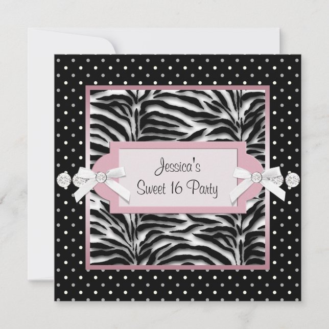 Black White Pink Zebra Sweet 16 Birthday Party Invitation (Front)
