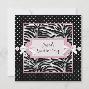 Black White Pink Zebra Sweet 16 Birthday Party Invitation