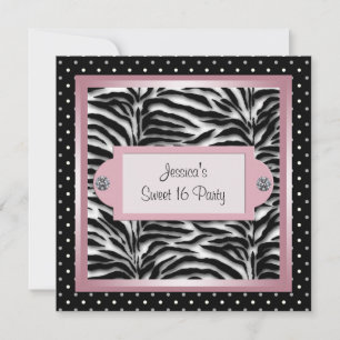 Black White Pink Zebra Sweet 16 Birthday Party Invitation