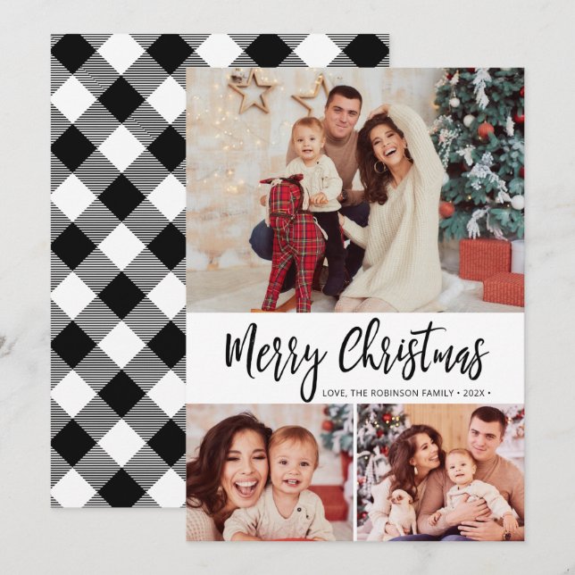 Black White Plaid 3 Photo Collage Christmas Card (Front/Back)