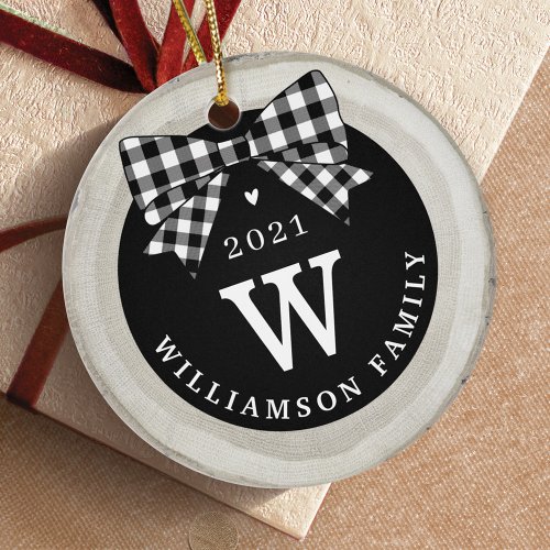 Black White Plaid Bow Monogram  Photo Birch Wood Ceramic Ornament