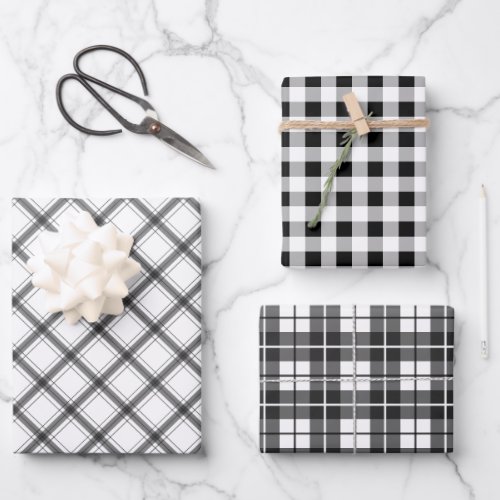 Black White Plaid Buffalo Check Mixed Pattern Wrapping Paper Sheets