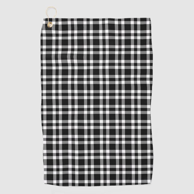 Black White Plaid Checker Pattern Golf Towel (Front)
