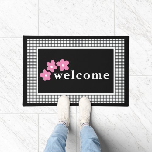Black White Plaid Checks Floral Doormat