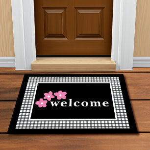 Black White Plaid Checks Floral Doormat