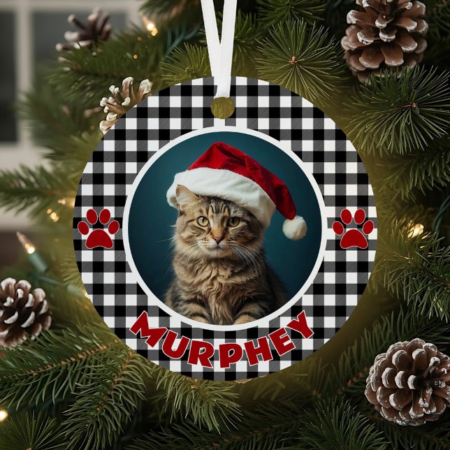 Black & White Plaid Christmas Custom Pet Metal Ornament (Creator Uploaded)