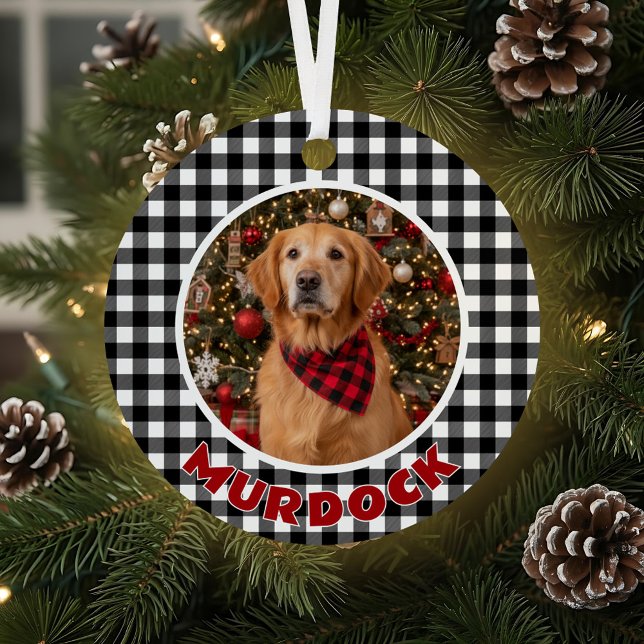 Black & White Plaid Christmas Personalized Pet Metal Ornament (Creator Uploaded)