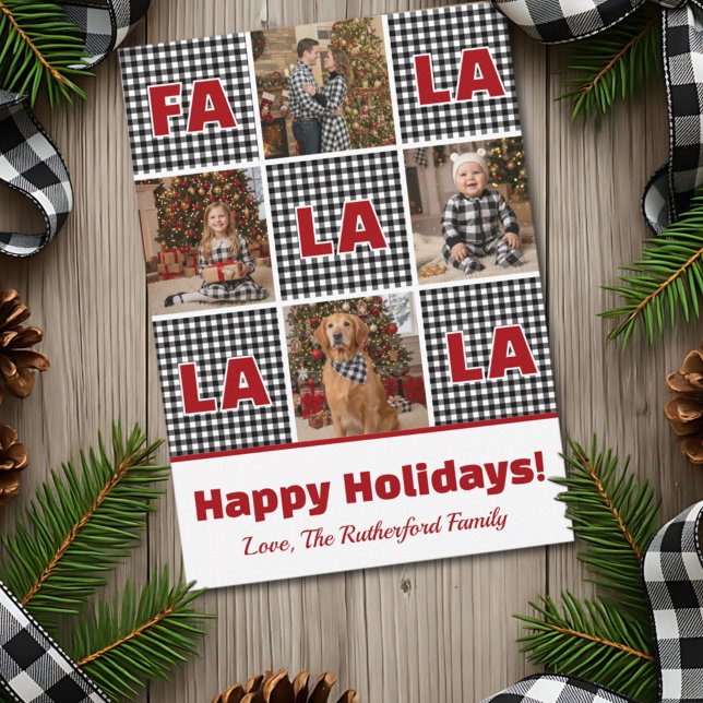 Black & White Plaid Fa La La Photo Christmas Holiday Card (Creator Uploaded)
