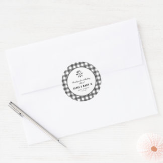 Black White Plaid Gingham Baby Q Baby Shower Classic Round Sticker