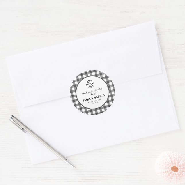 Black White Plaid Gingham Baby Q Baby Shower  Classic Round Sticker (Envelope)
