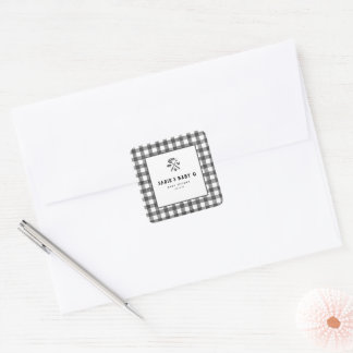 Black White Plaid Gingham Baby Q Baby Shower Square Sticker