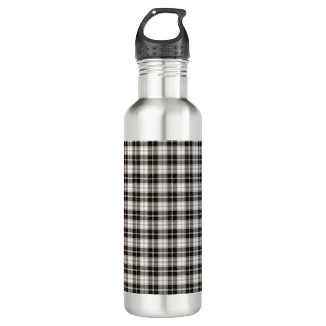 Black White Plaid Grey Water Bottle (Front)