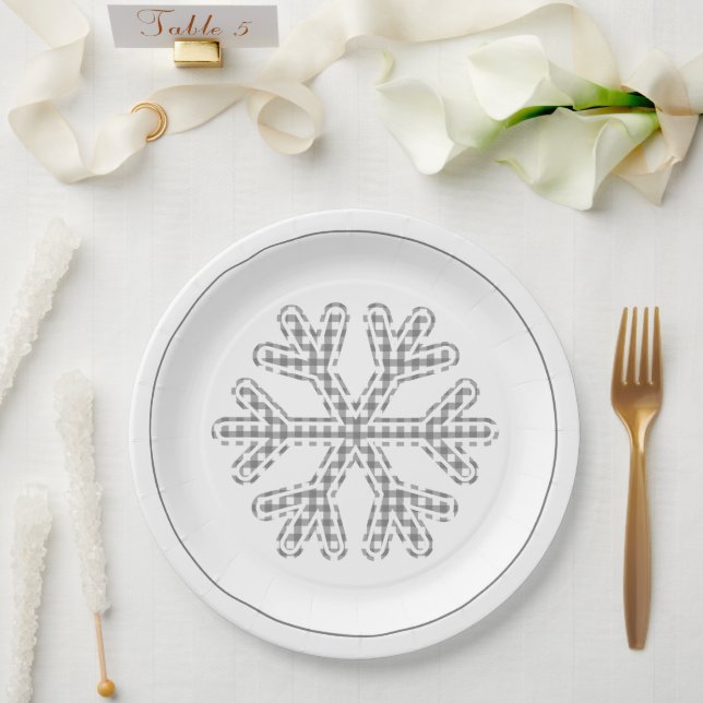 Black White Plaid Holiday Snowflake Christmas Paper Plates (Wedding)