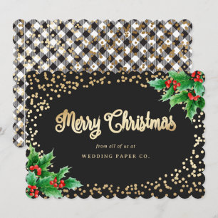 Black White Plaid Holly Business Christmas Cards