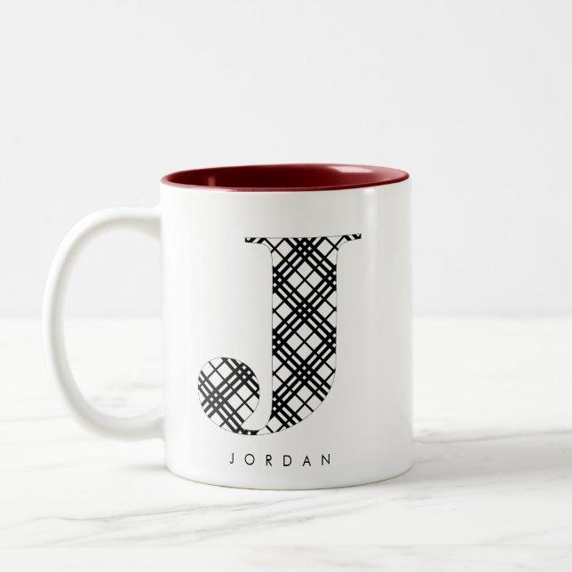 Black & White Plaid Letter J Two-Tone Coffee Mug (Left)