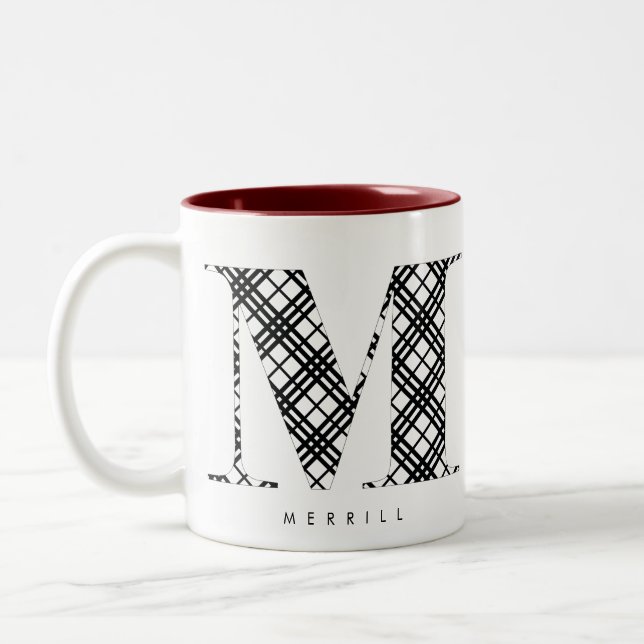 Black & White Plaid Letter M Two-Tone Coffee Mug (Left)