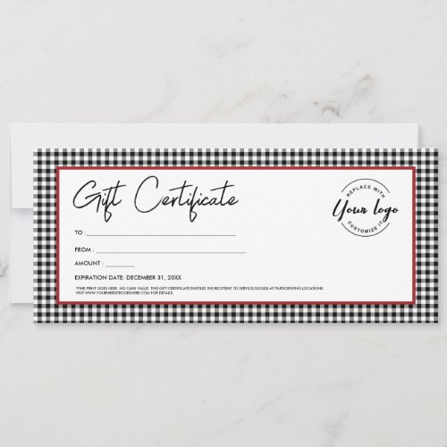 Black white plaid logo Holiday gift certificate Invitation